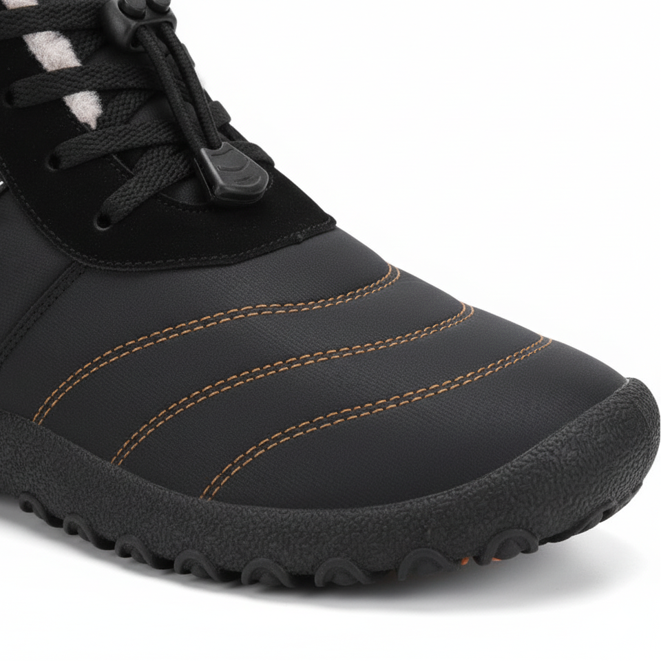 Close-up detail of black barefoot boot showing quick-lace toggle system and plush fleece lining