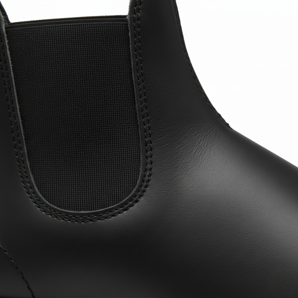 Close-up detail of black Chelsea boot showing brown elastic panel and tan contrast stitching