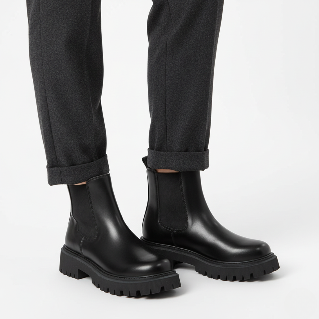 Close-up of black platform boot showing elastic panel and deep tread rubber sole