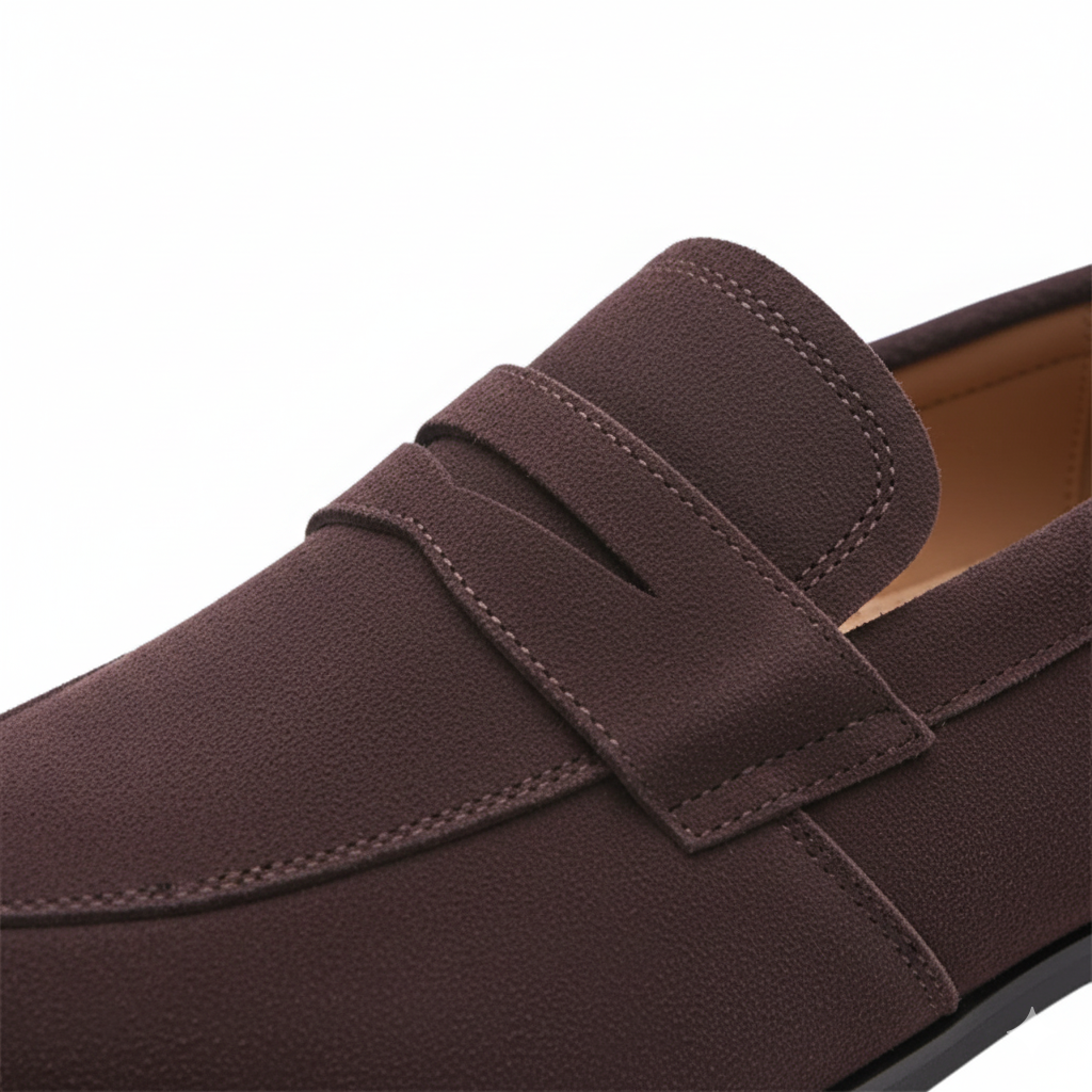 Close-up detail of brown suede penny loafer showing keeper strap with diamond cutout and hand-stitching