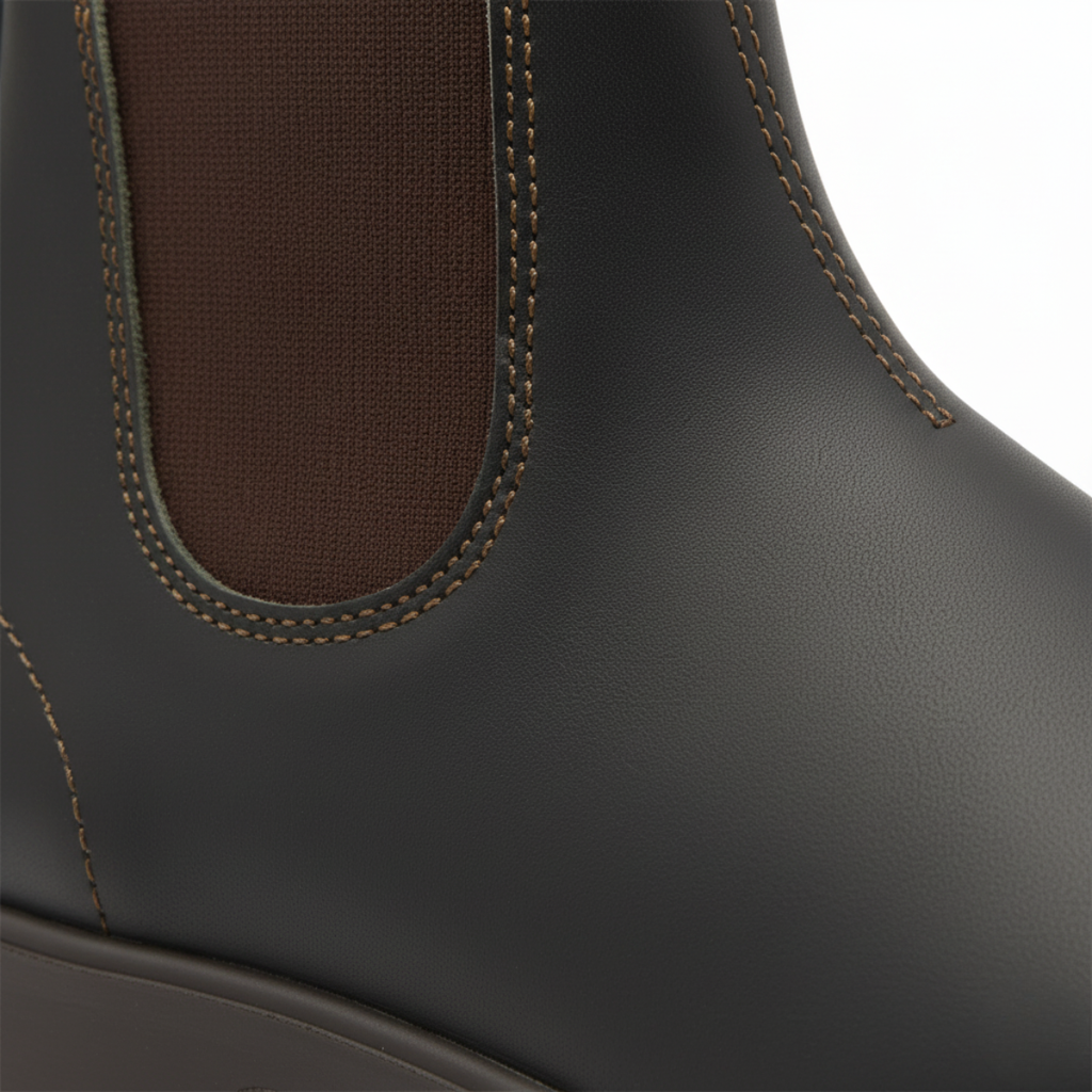 Close-up detail of green Chelsea boot showing brown elastic panel and tan contrast stitching