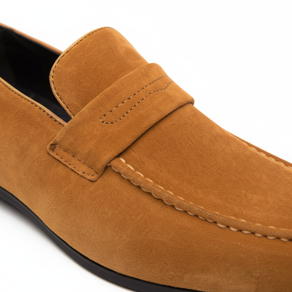 Close-up detail of khaki suede penny loafer showing keeper strap with diamond cutout and hand-stitching