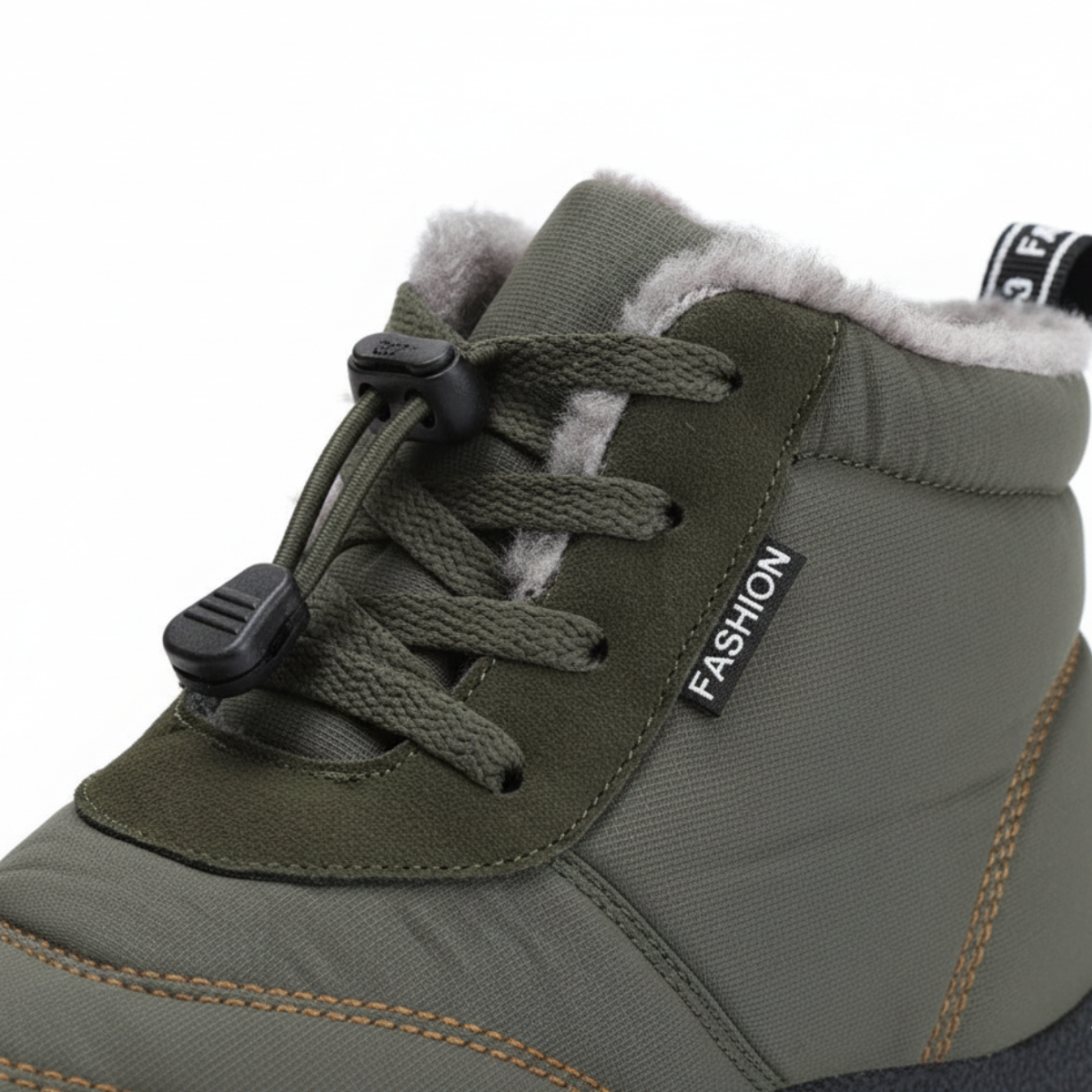 Close-up detail of olive green barefoot boot showing quick-lace toggle system and plush fleece lining