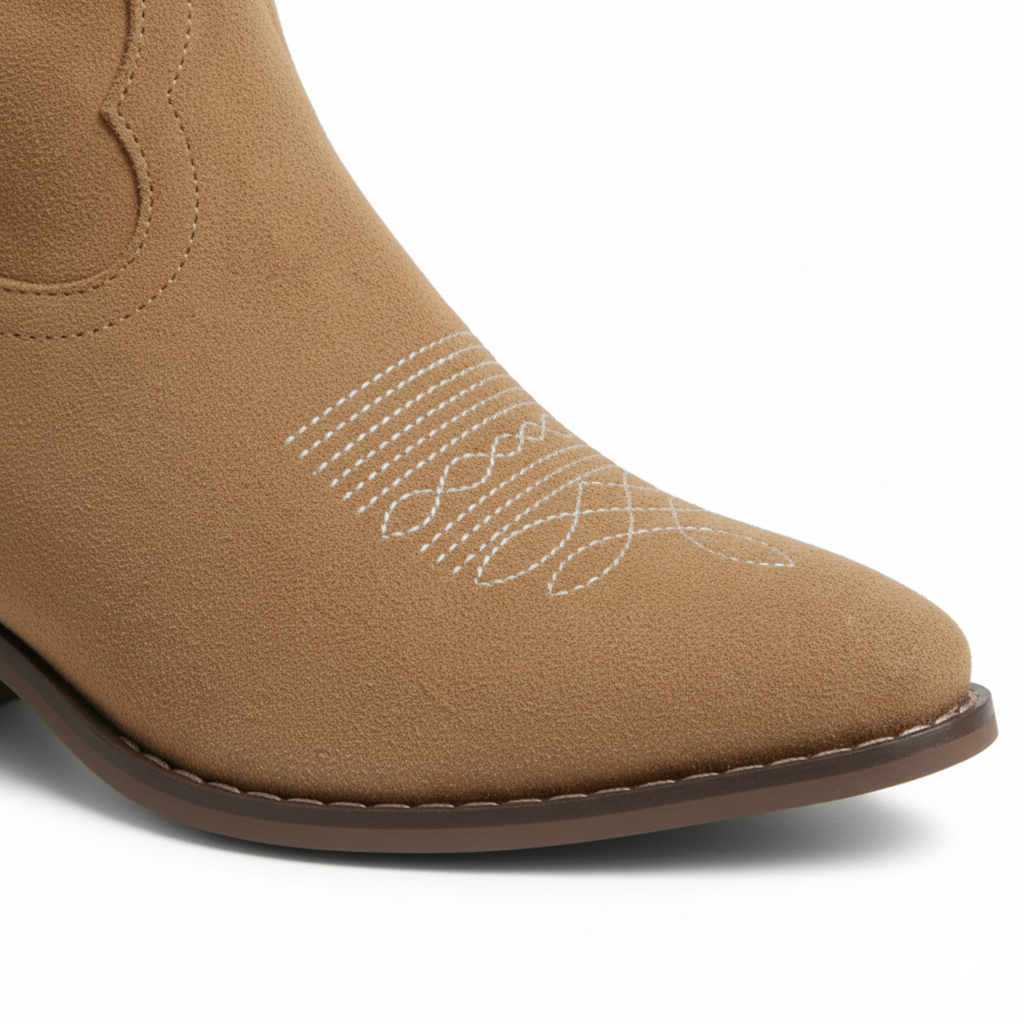 Close-up of tan Western boot showing white contrast embroidery and suede pointed toe