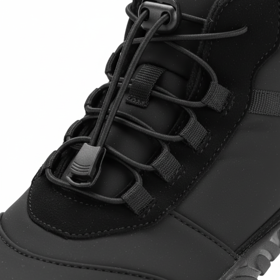 Close-up detail of waterproof quilted upper and quick-lace toggle system on men's barefoot winter boot