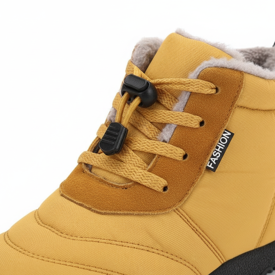 Close-up detail of mustard yellow barefoot boot showing lace-up system and plush fleece collar