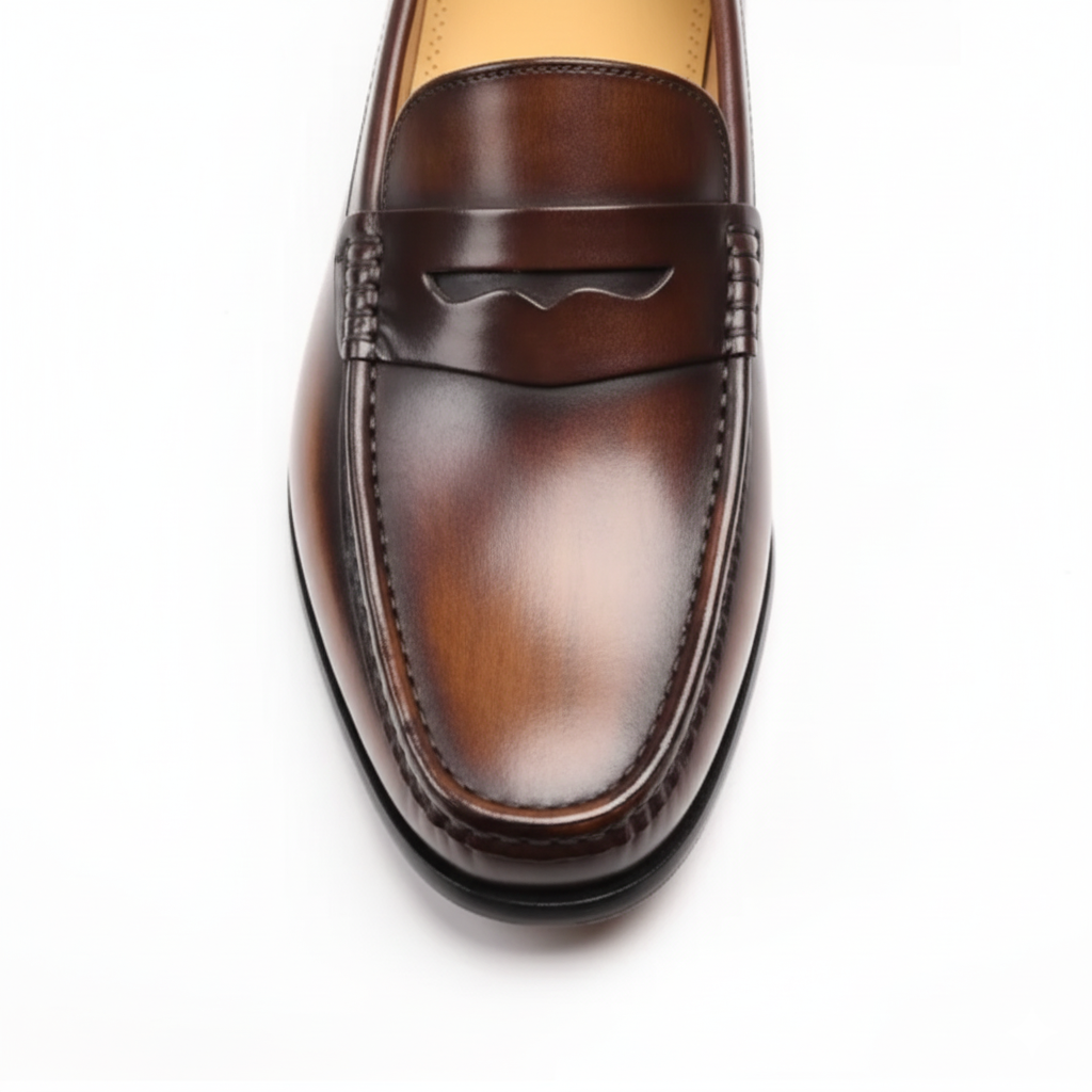 Close-up of cognac penny loafers showing hand-burnished leather finish and classic penny strap detail
