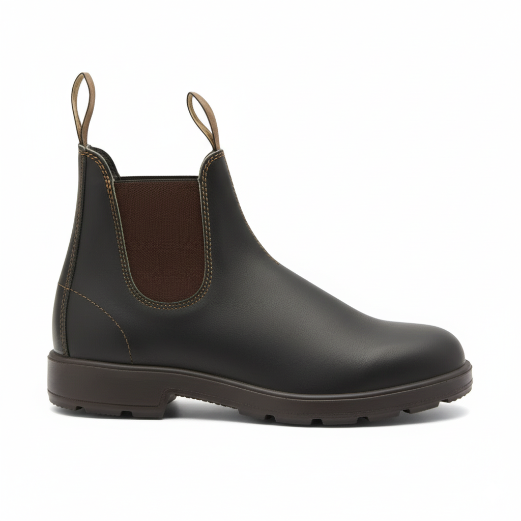 Dark green leather Chelsea boots unisex with brown elastic side panels and tan pull tabs