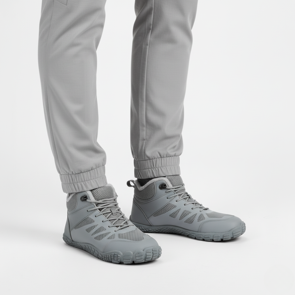 Grey barefoot ankle boots with white fur collar and breathable mesh panels for cold weather comfort