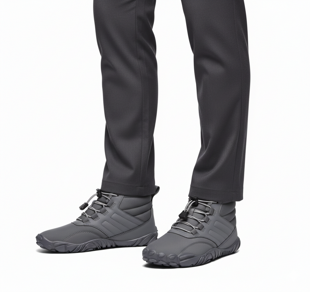 Grey insulated barefoot boots styled with dark trousers for casual winter look