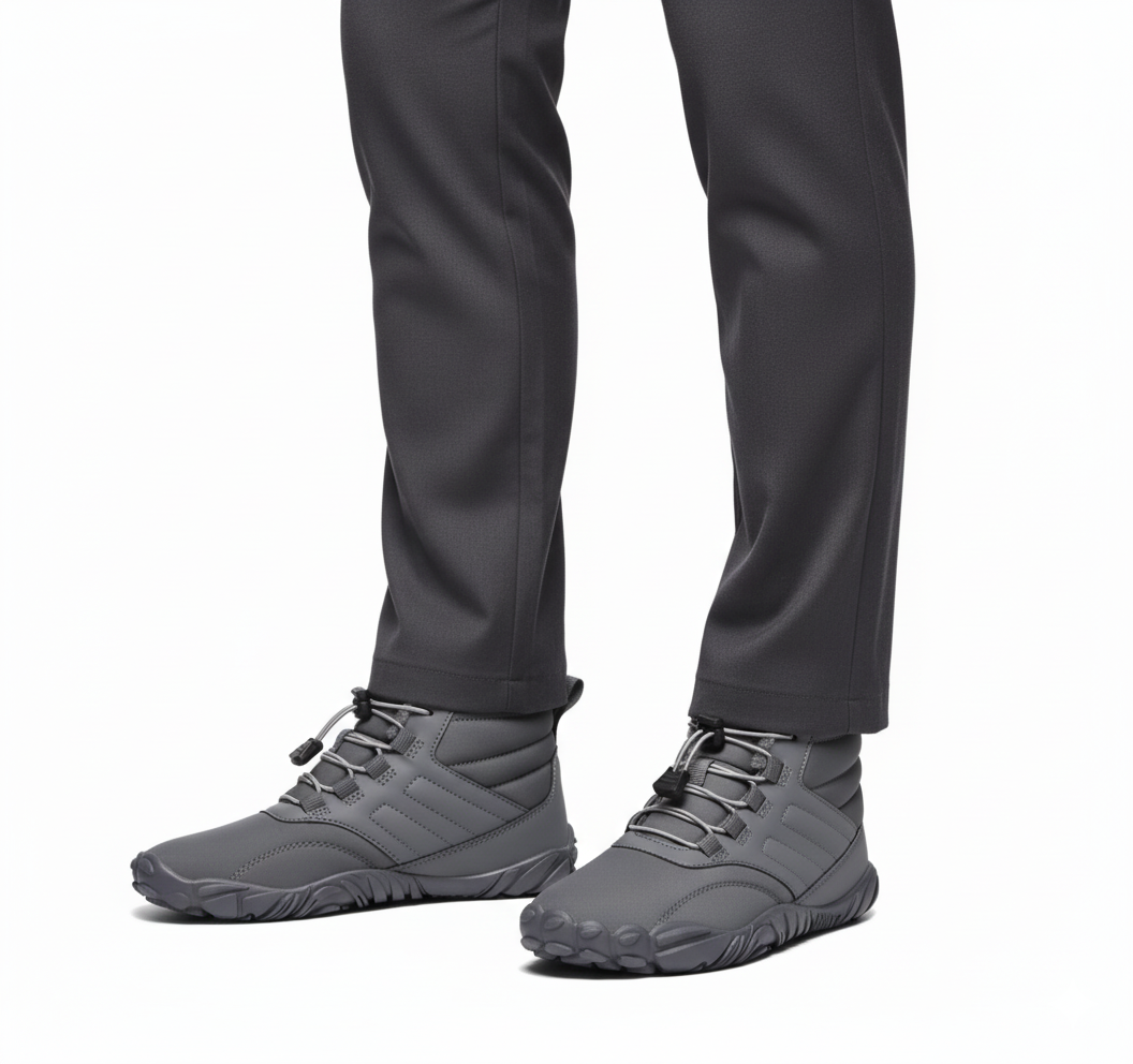 Grey insulated barefoot boots styled with dark trousers for casual winter look