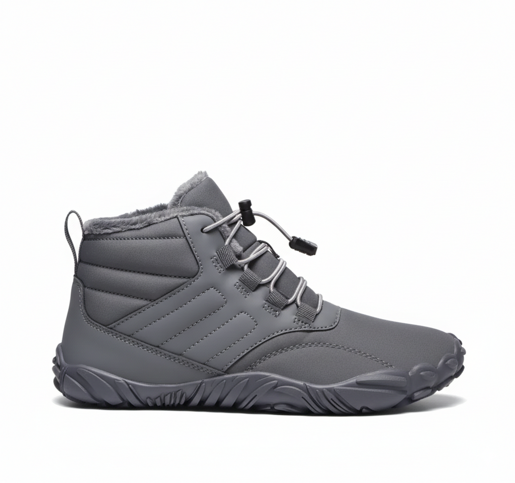 Grey insulated barefoot winter boots for men and women with water-resistant upper and flexible sole