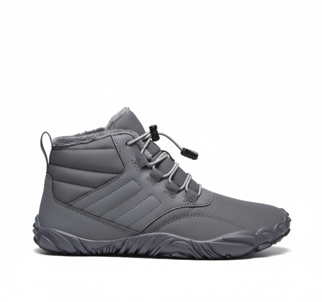 Grey insulated barefoot winter boots for men and women with water-resistant upper and flexible sole