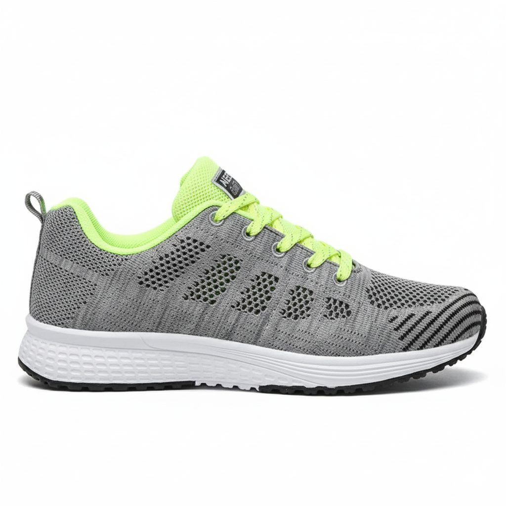 Grey women's athletic shoes with neon yellow accents and breathable mesh upper for running and gym