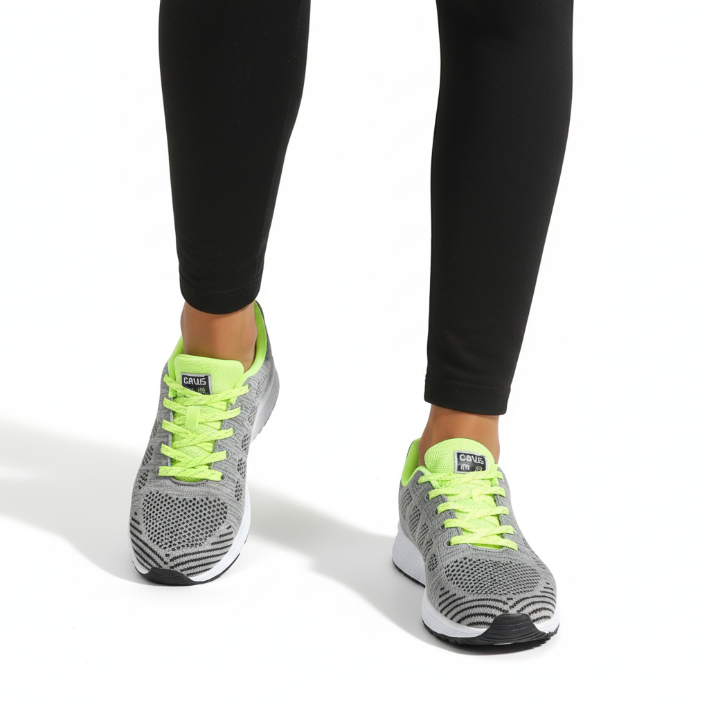Grey knit running sneakers with neon yellow accents and white midsole styled with black leggings - Lewis Fordham UK