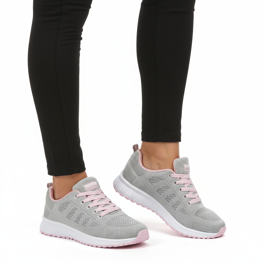 Grey breathable mesh running sneakers with pink laces and white sole for women - Lewis Fordham UK