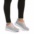 Grey breathable mesh running sneakers with pink laces and white sole for women - Lewis Fordham UK