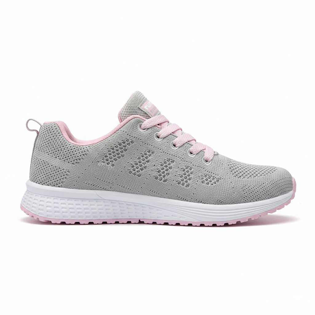 Grey and pink women's sports sneakers featuring breathable mesh construction and cushioned pink sole