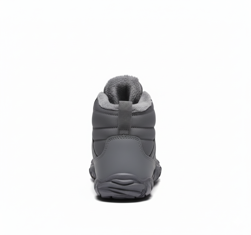 Back view of grey barefoot winter boots displaying fleece collar and rugged rubber outsole