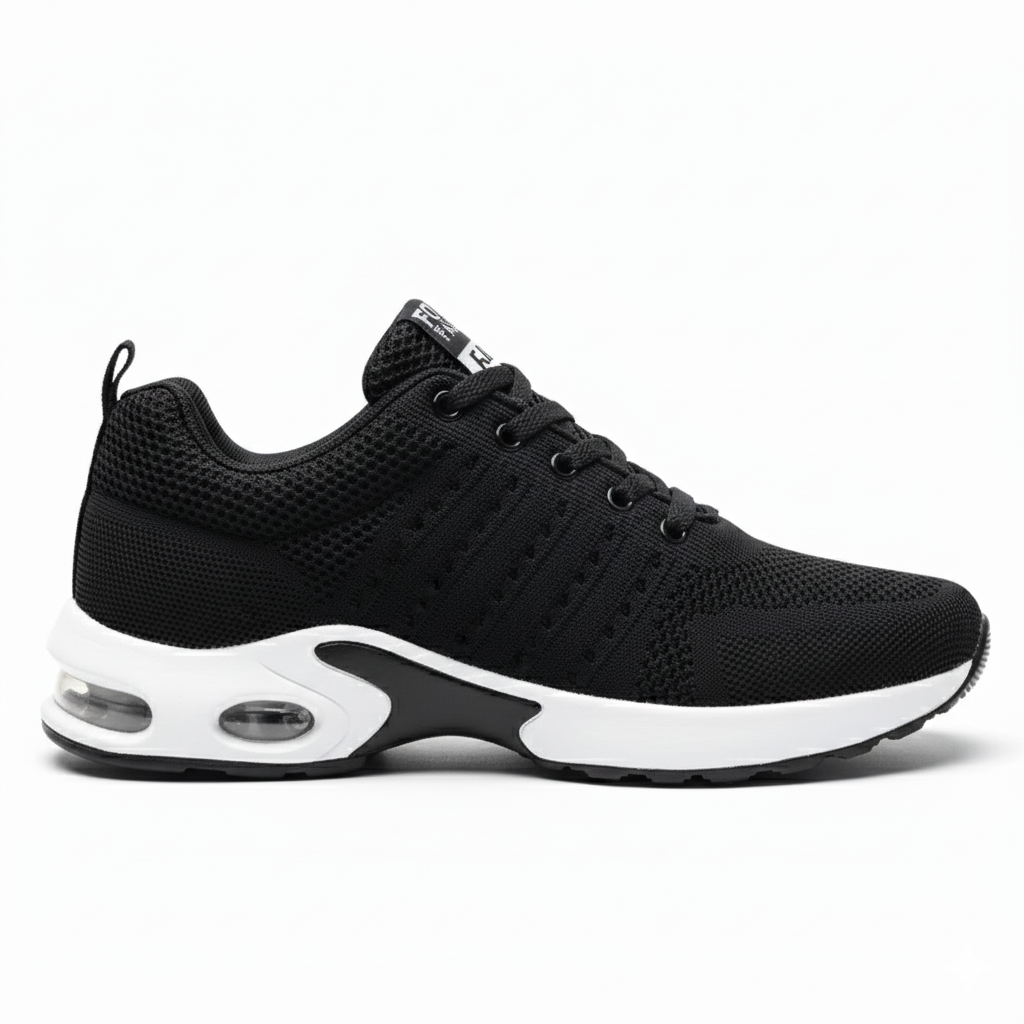 Men's black air cushion athletic sneakers with white sole and visible air cushion technology for arch support and comfort