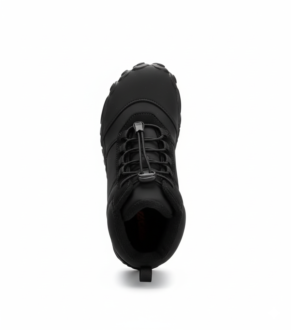 Men's black insulated barefoot boots with quick-lace system and fleece lining for winter hiking