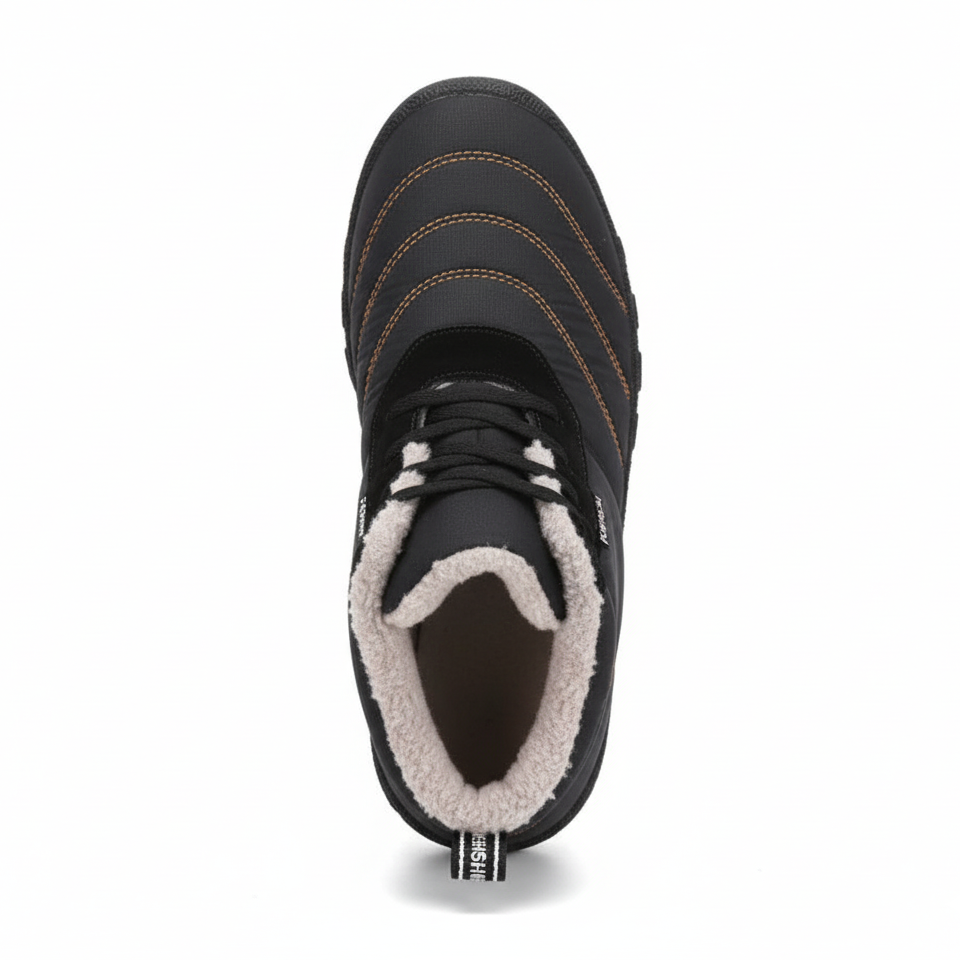 Top view of men's black insulated barefoot boots showing plush fleece lining and toggle lace system