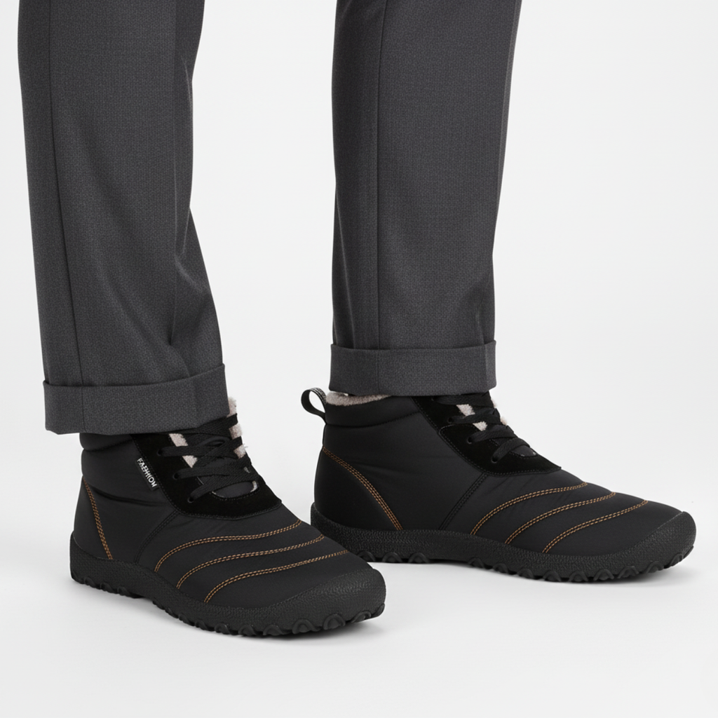 Black insulated barefoot boots for men styled with charcoal trousers for casual winter look