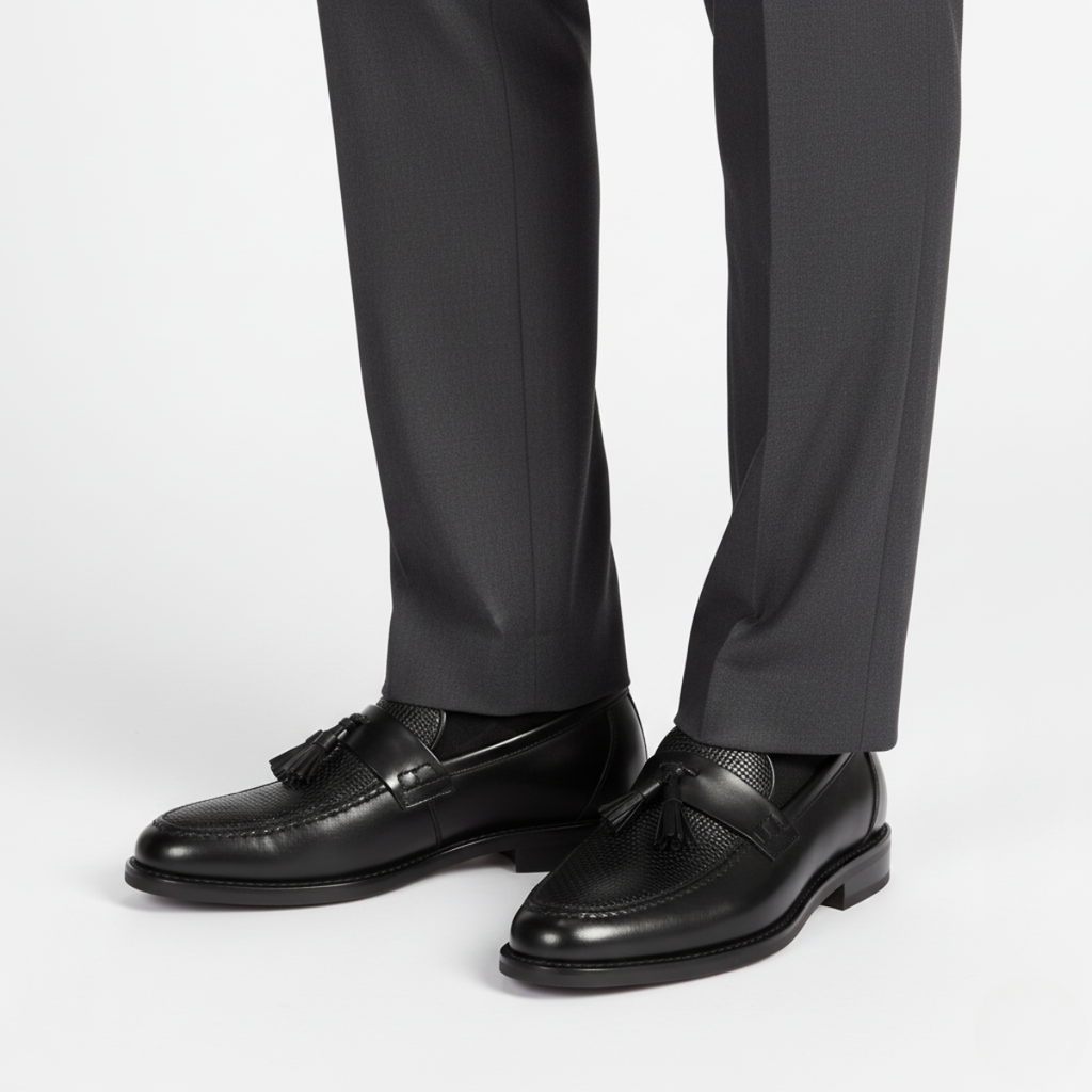 Black tassel loafers for men styled with grey dress trousers showing professional business attire