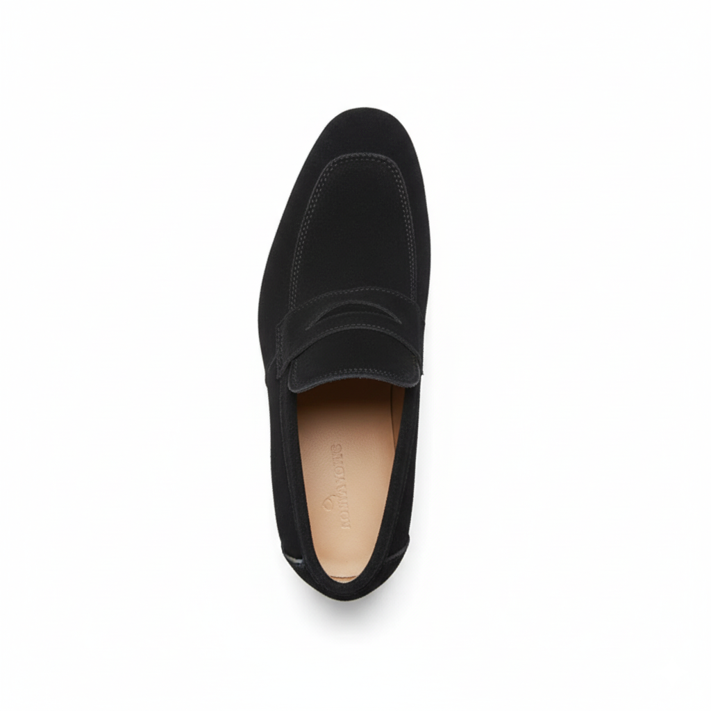 Top view of men's black suede penny loafers showing classic keeper strap and leather footbed