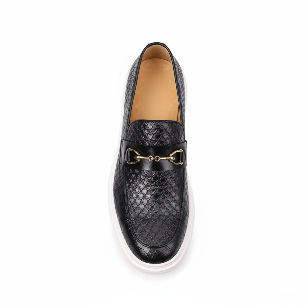 Top view of men's black croc pattern platform loafers showing horsebit hardware and cushioned insole