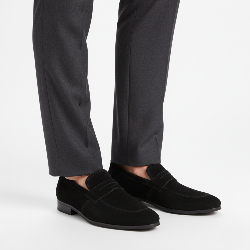 Black suede penny loafers for men styled with charcoal dress trousers for professional look