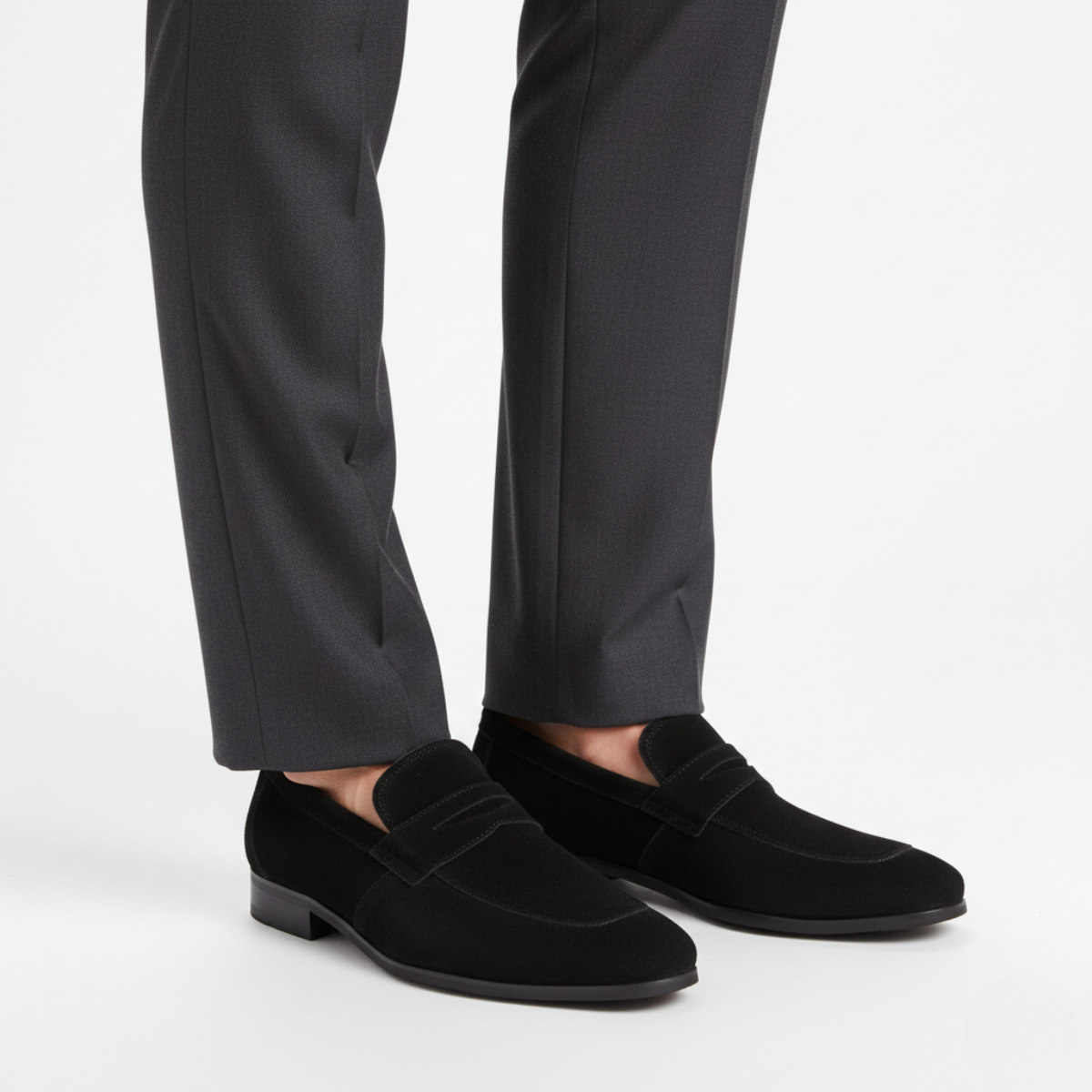 Black suede penny loafers for men styled with charcoal dress trousers for professional look