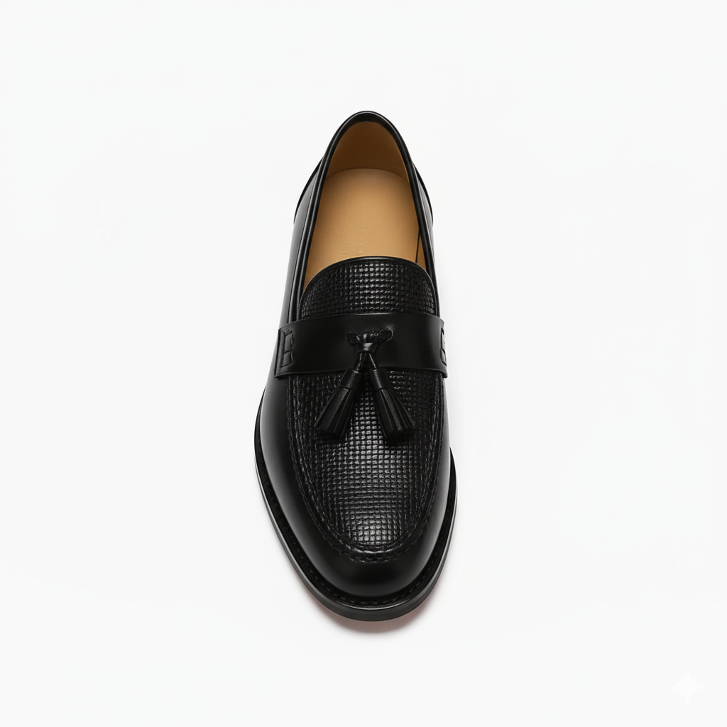Top view of men's black tassel loafers showing textured vamp design and leather tassel detailing