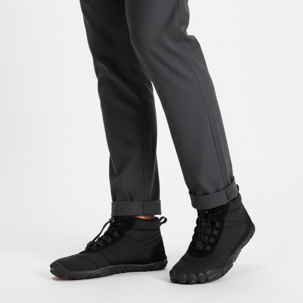 Black barefoot winter boots for men featuring wide toe box design and flexible zero-drop sole