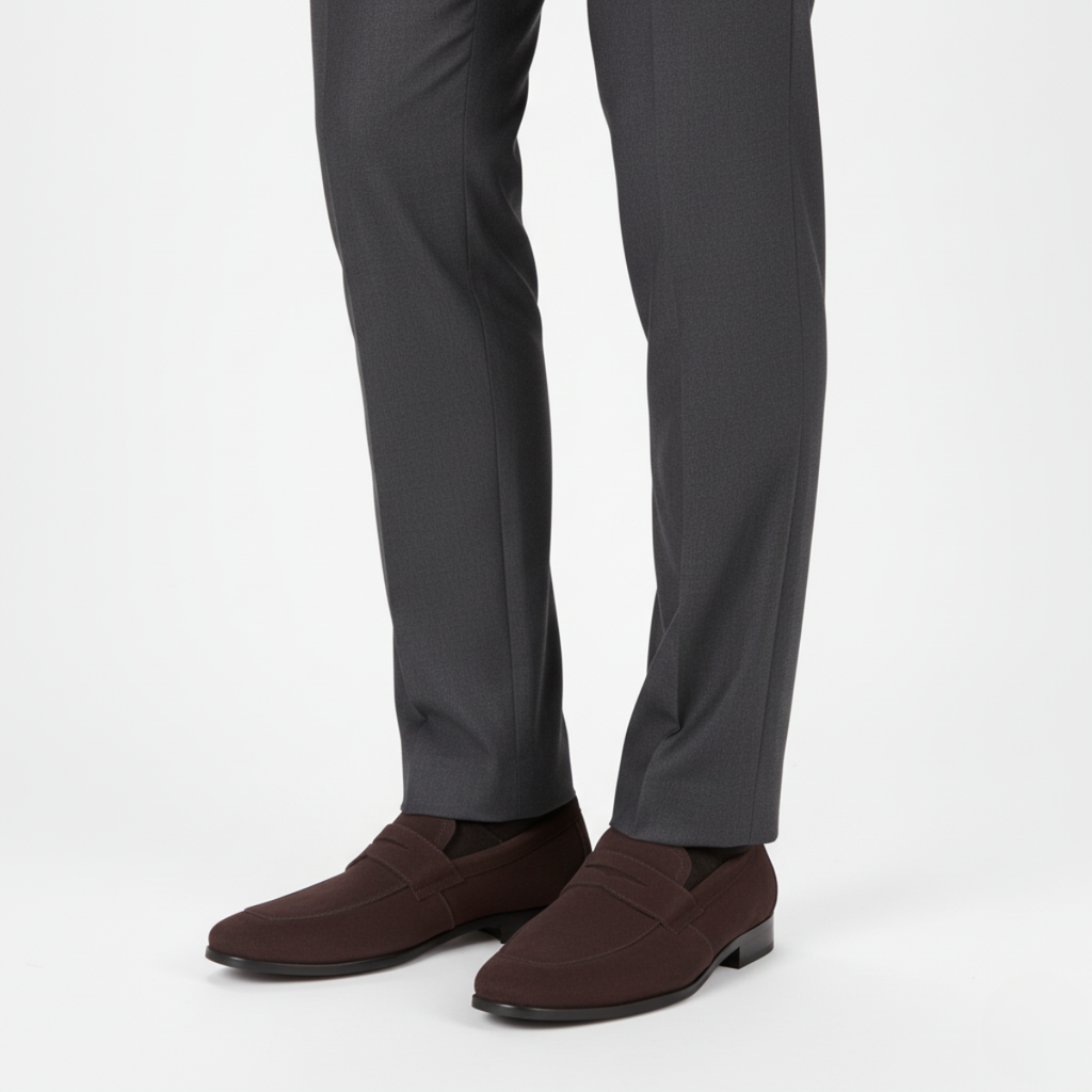 Brown suede penny loafers for men styled with charcoal dress trousers for professional look