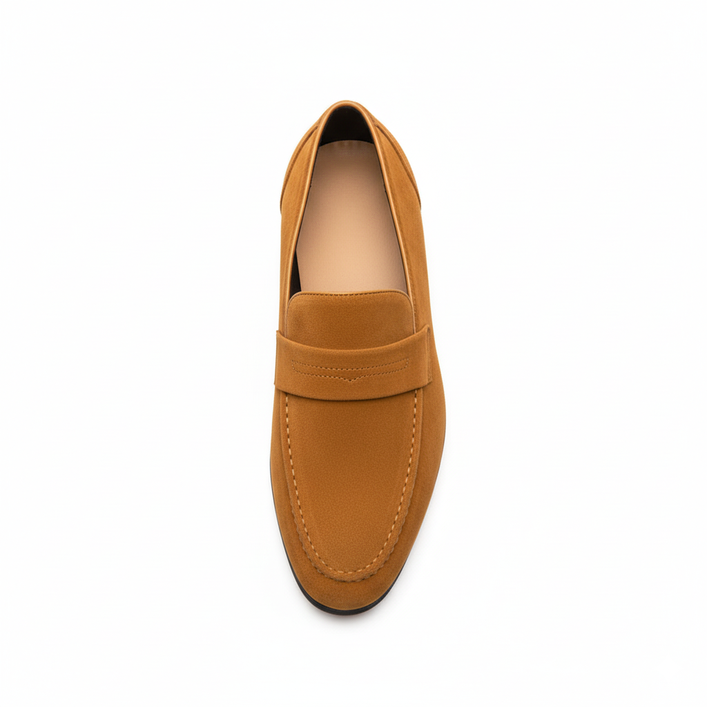 Top view of men's khaki suede penny loafers showing classic keeper strap and leather footbed