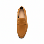 Top view of men's khaki suede penny loafers showing classic keeper strap and leather footbed