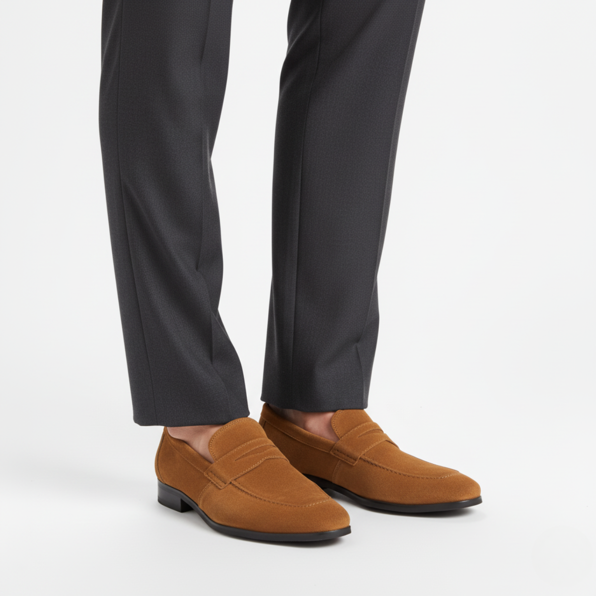 Khaki suede penny loafers for men styled with charcoal dress trousers for professional look