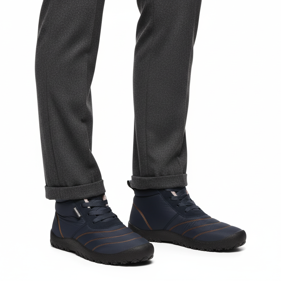 Navy blue insulated barefoot boots for men styled with charcoal trousers for casual winter look