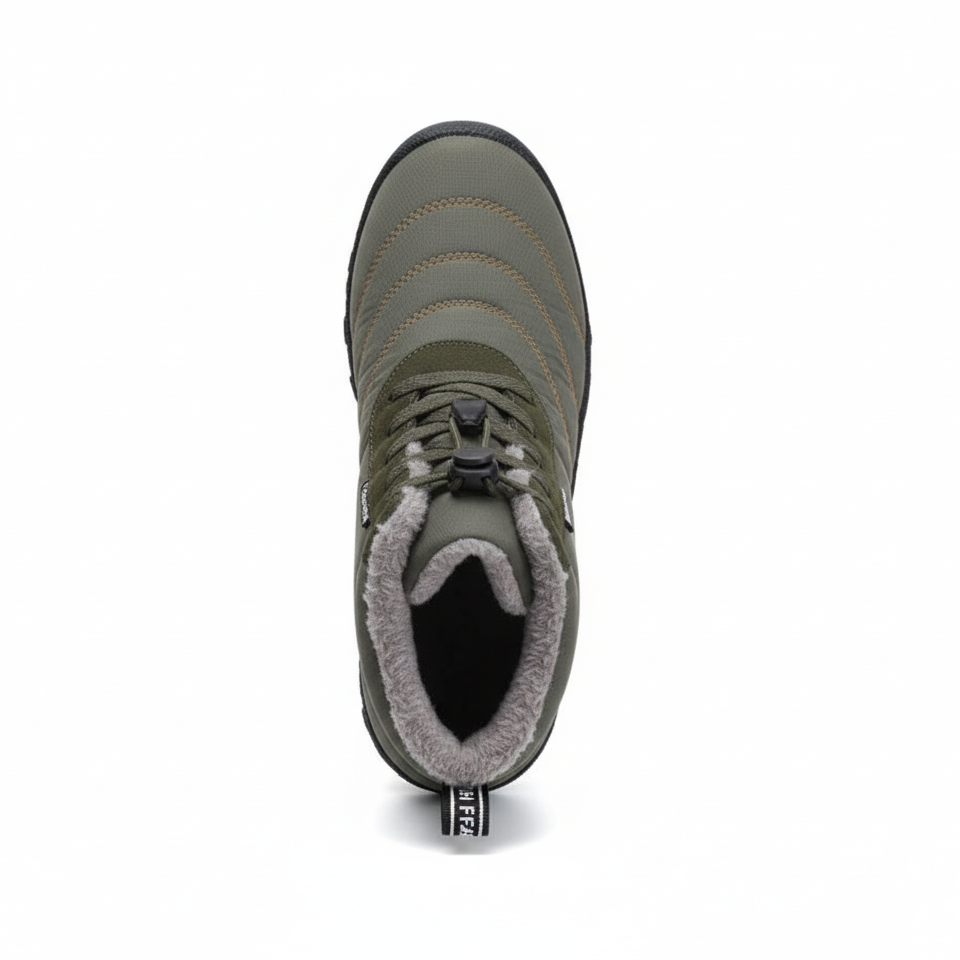 Top view of men's olive green insulated barefoot boots showing plush fleece lining and toggle lace system