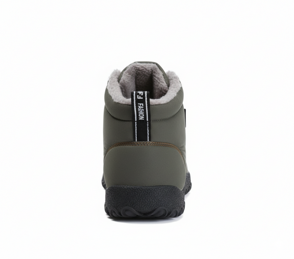 Back view of men's olive green insulated barefoot boots showing plush fleece lining and toggle lace system