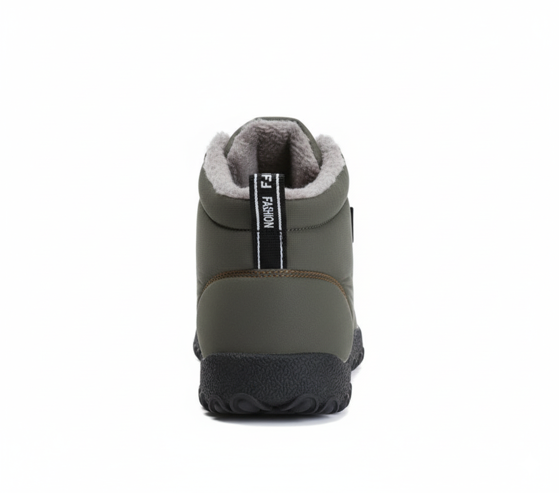 Back view of men's olive green insulated barefoot boots showing plush fleece lining and toggle lace system