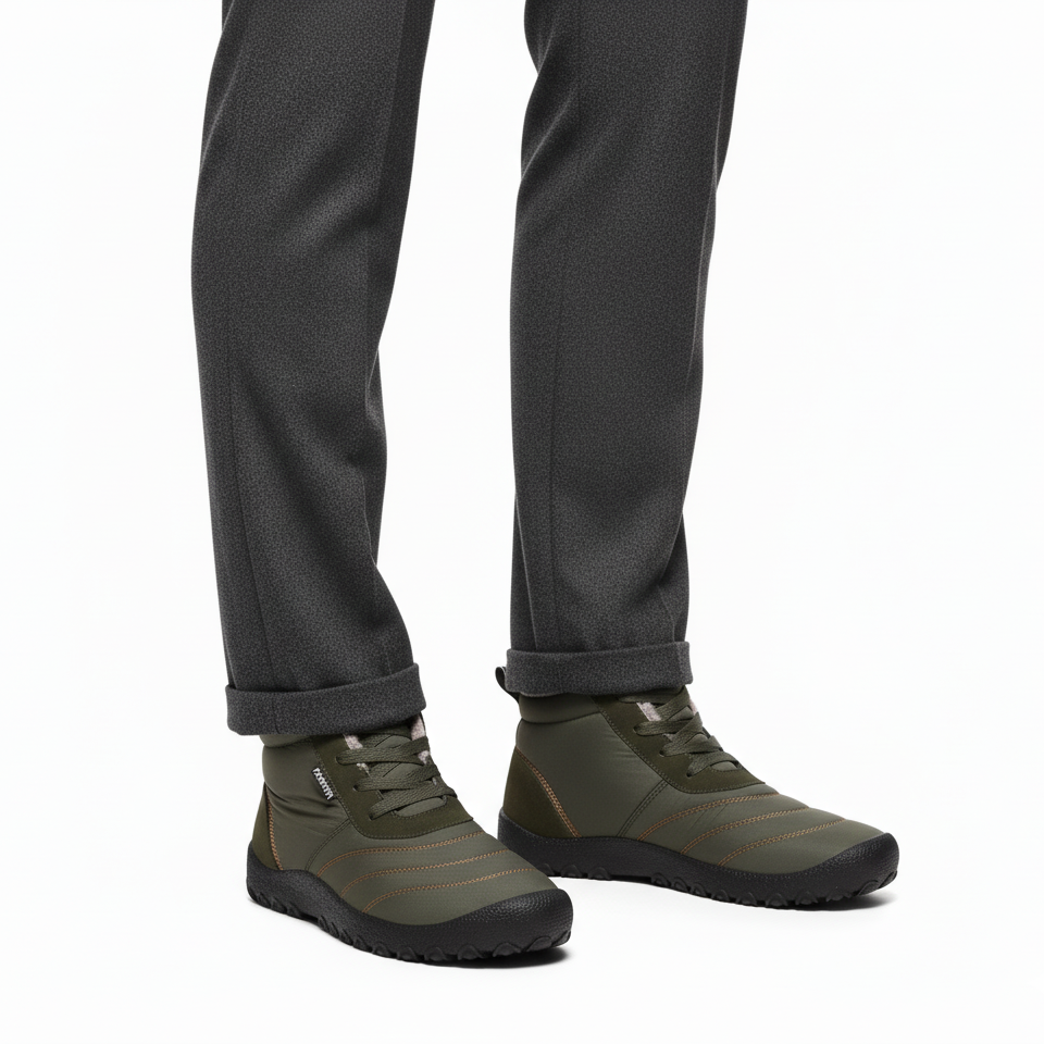 Olive green insulated barefoot boots for men styled with charcoal trousers for casual winter look
