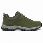 Men's army green outdoor hiking shoes with suede leather upper and breathable mesh panels for trail walking