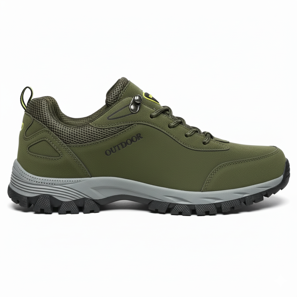 Men's army green outdoor hiking shoes with suede leather upper and breathable mesh panels for trail walking