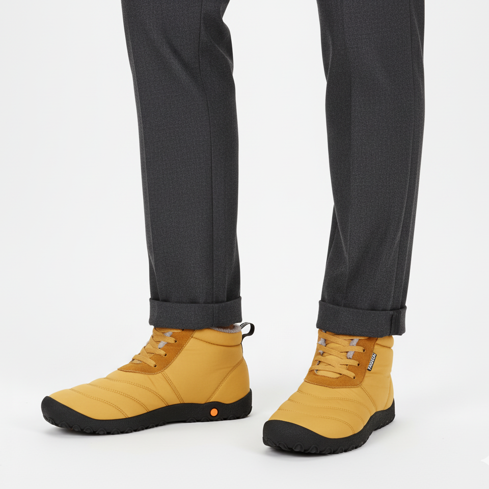 Men's mustard yellow insulated barefoot boots with zero drop sole for natural winter walking