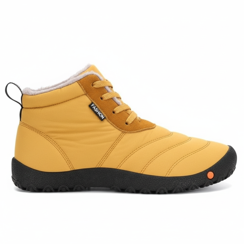 Mustard yellow insulated barefoot winter boots for men with quilted upper and flexible black sole