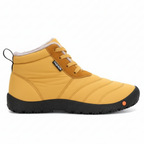 Mustard yellow insulated barefoot winter boots for men with quilted upper and flexible black sole