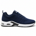 Navy blue men's athletic sneakers featuring air cushion technology and breathable knit mesh with arch support insole