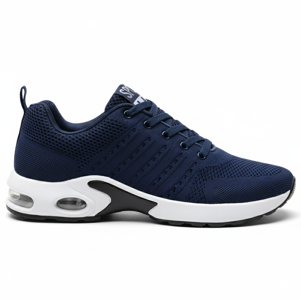Navy blue men's athletic sneakers featuring air cushion technology and breathable knit mesh with arch support insole